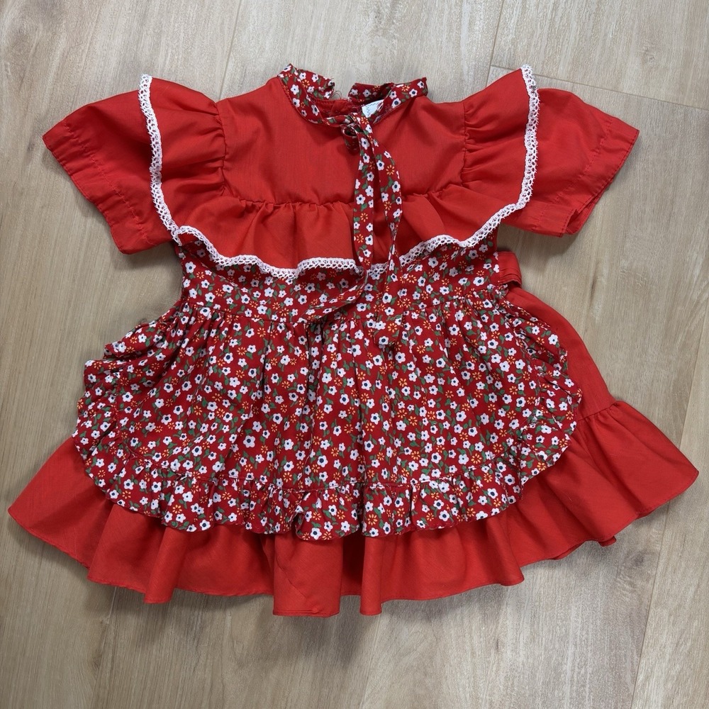 Vintage Jill Lynn 2T Dress Red Floral Ruffled Sleeves Apron Panel Lace